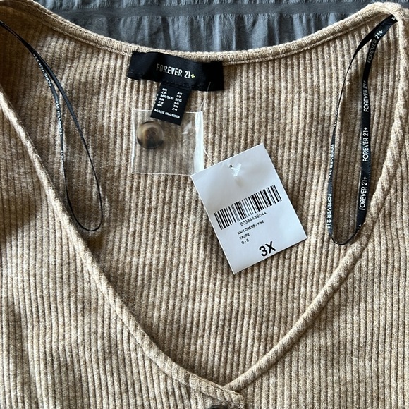 NWT Forever 21 Plus Oatmeal Tan Ribbed Soft V Neck Button Down Dress Sz 3X - Picture 10 of 12